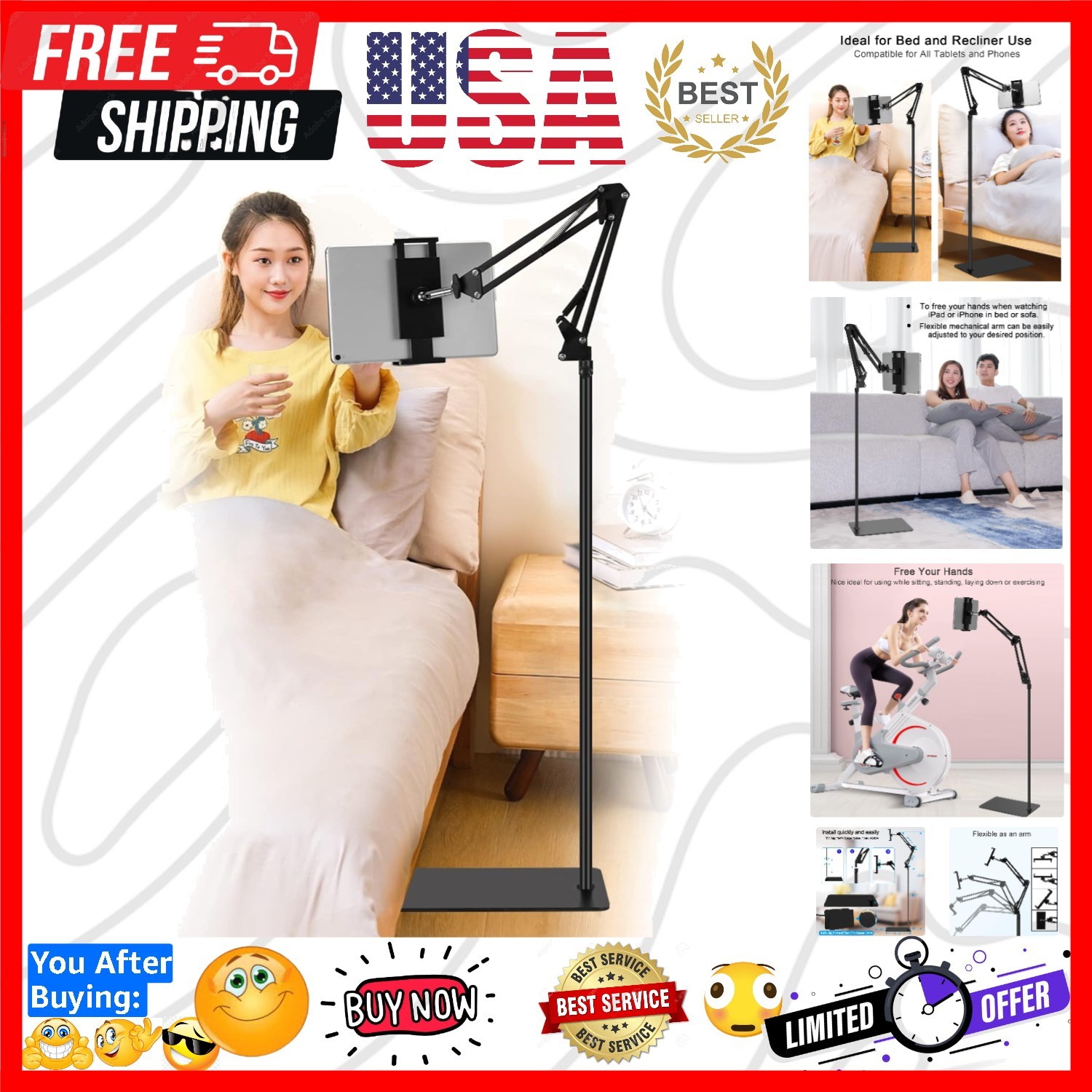 Tablet Floor Stand, Adjustable Universal 360-degree Rotatable Metal Tablet Ho...