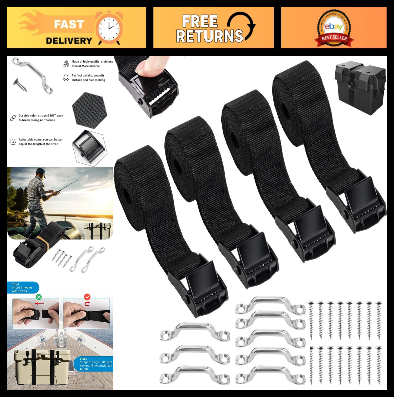 6.5ft Battery Hold Down Straps with Cam Buckle, Stainless Steel Bracket - 4 PCS