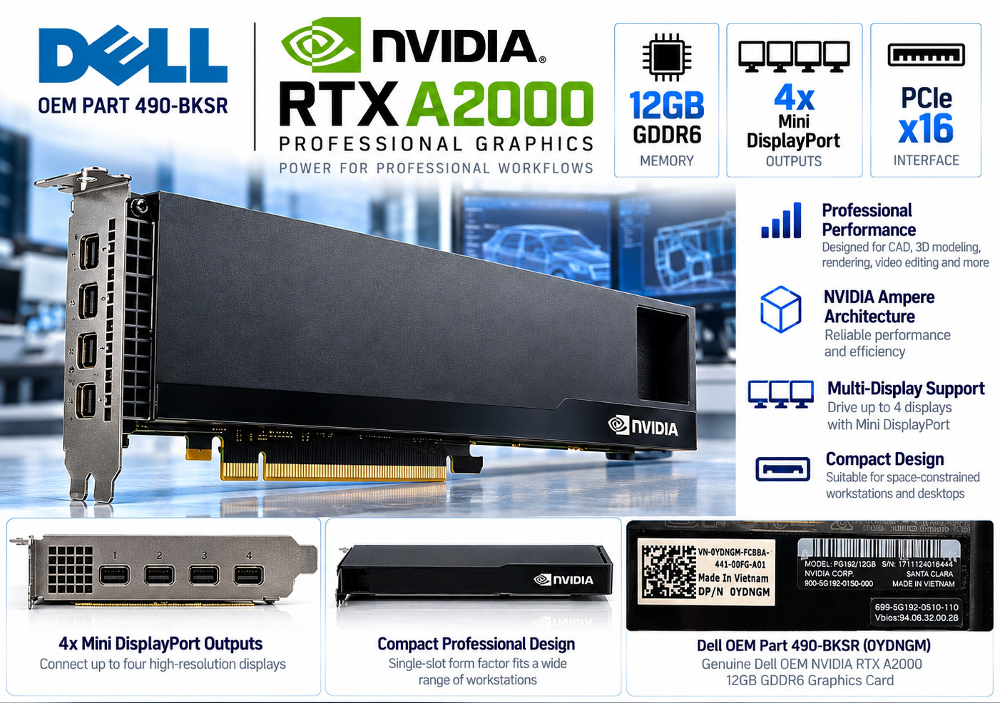 NEW NVIDIA RTX A2000 12GB PCIe GPU 4x mDP Graphics Card 0YDNGM Low Profile LP