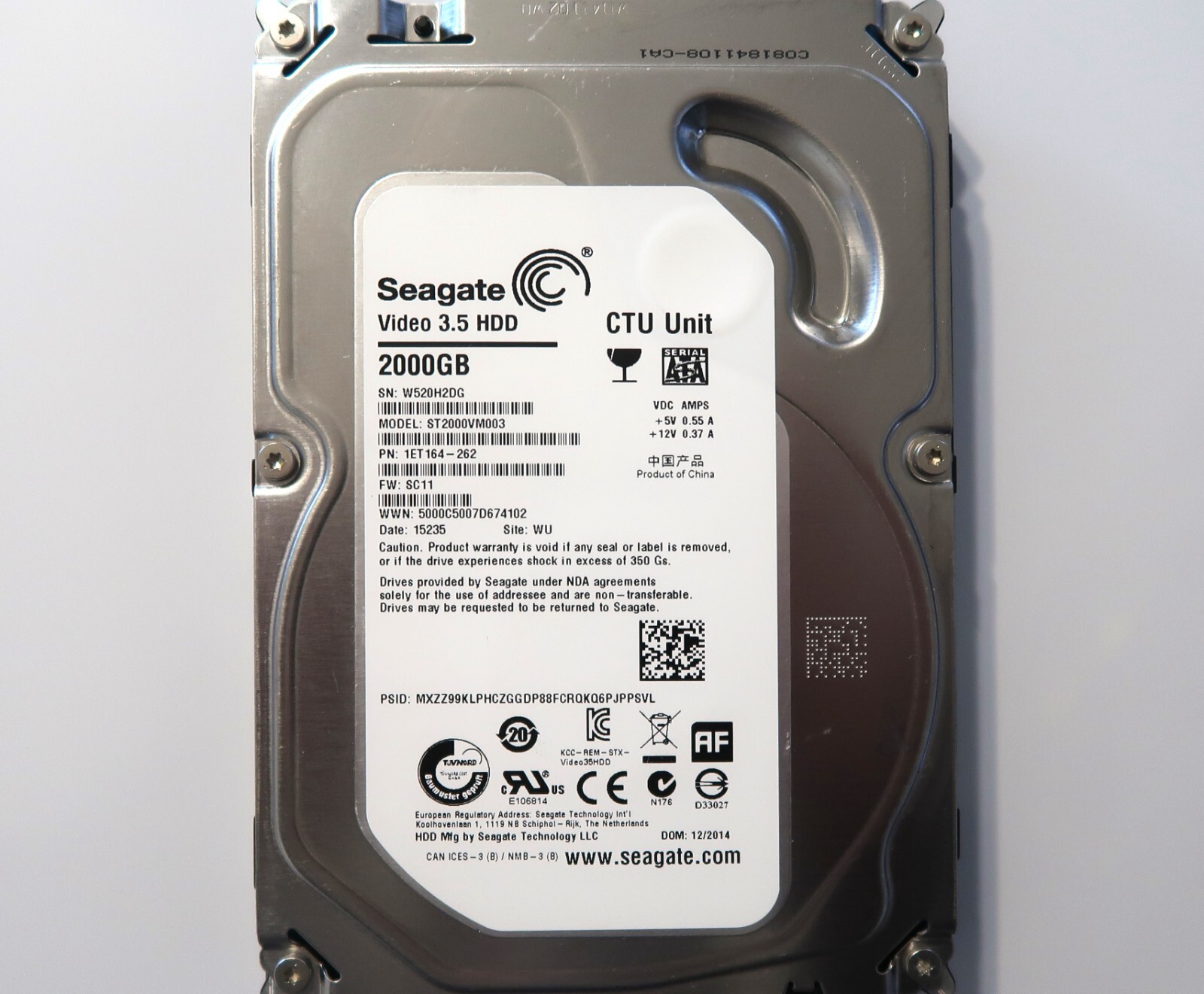 Seagate ST2000VM003 1ET164-262 SC11 WU (W520) China 2.0TB 3.5" Sata HDD 12/2014