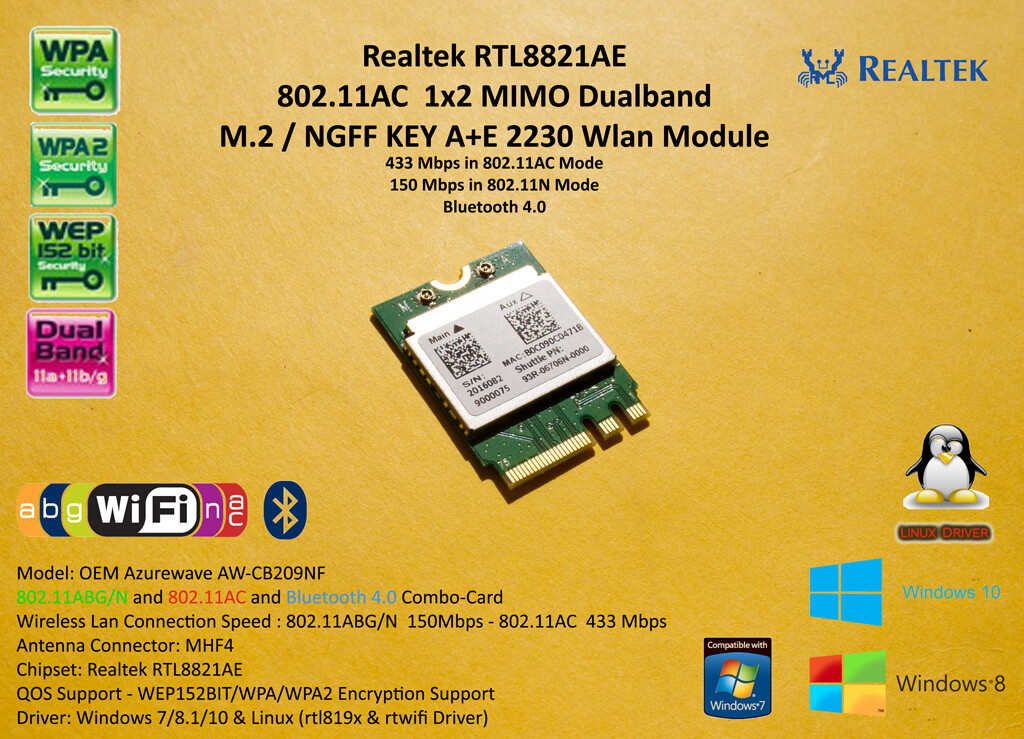 RTL8821AE 802.11a/b/g/n/ac Wi-Fi + Bluetooth 4.0 PCIe M.2 Lenovo 00JT454