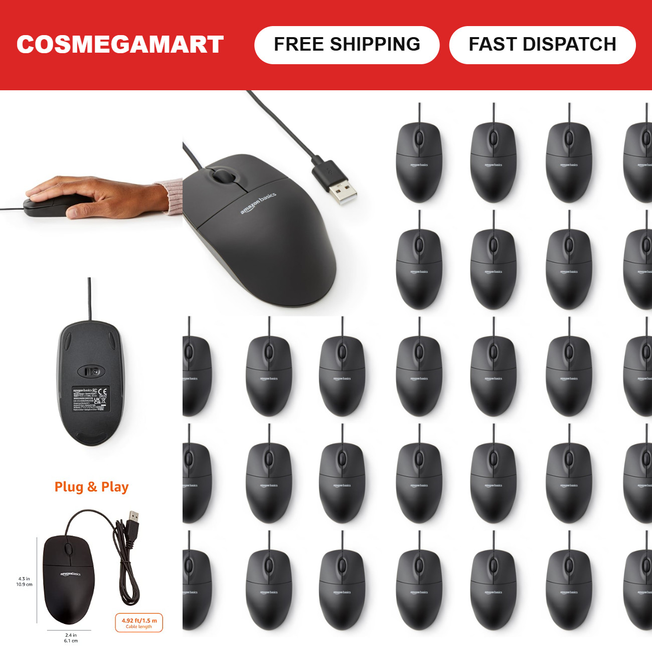 3-Button USB Wired Computer Mouse - Black, 30-Pack, Ergonomic Design, High Preci