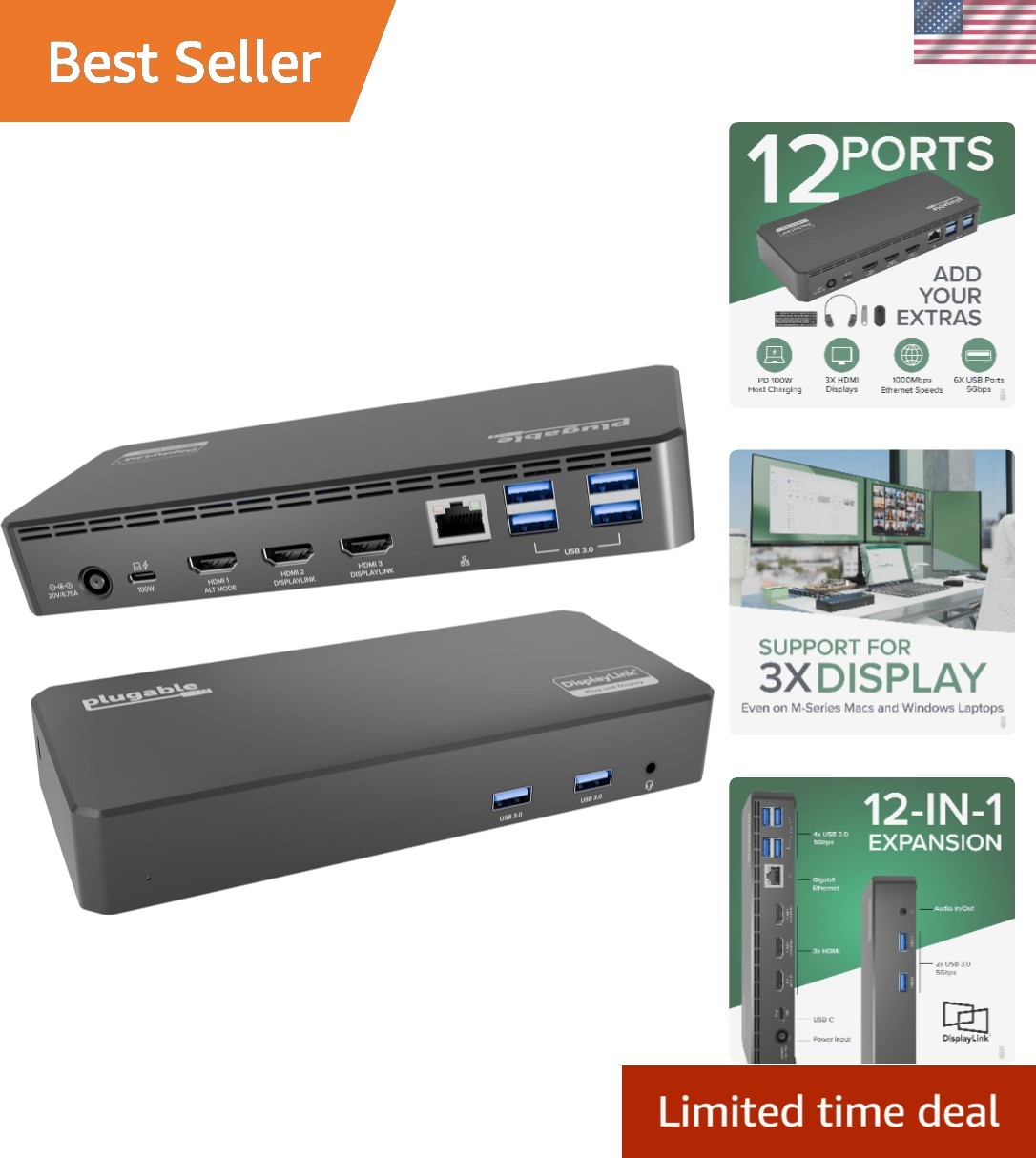 Versatile USB-C Triple HDMI Dock with 100W Power Delivery | Enhance Productivity