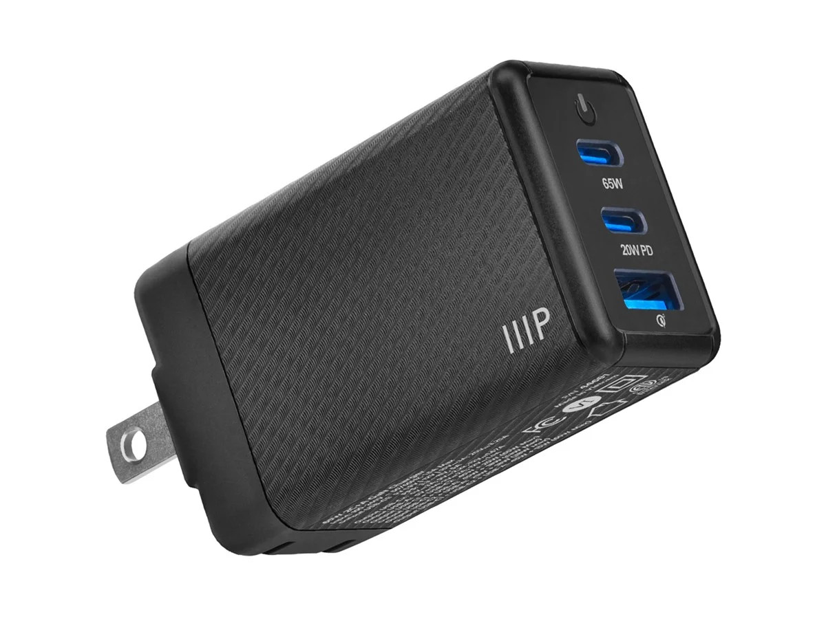 Monoprice Compact 3‑Port 65W PD3.0 GaN Charger with USB‑C & USB‑A Ports