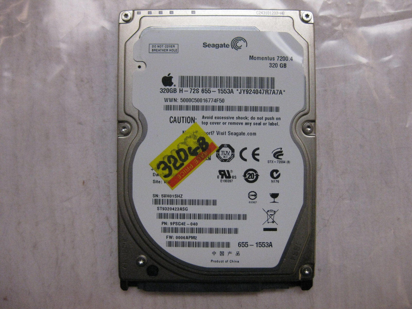 ST9320423ASG 9PSG4E-040 FW:0007APM2 Apple#655-1553B 320gb 2.5" Sata   Laptop HDD