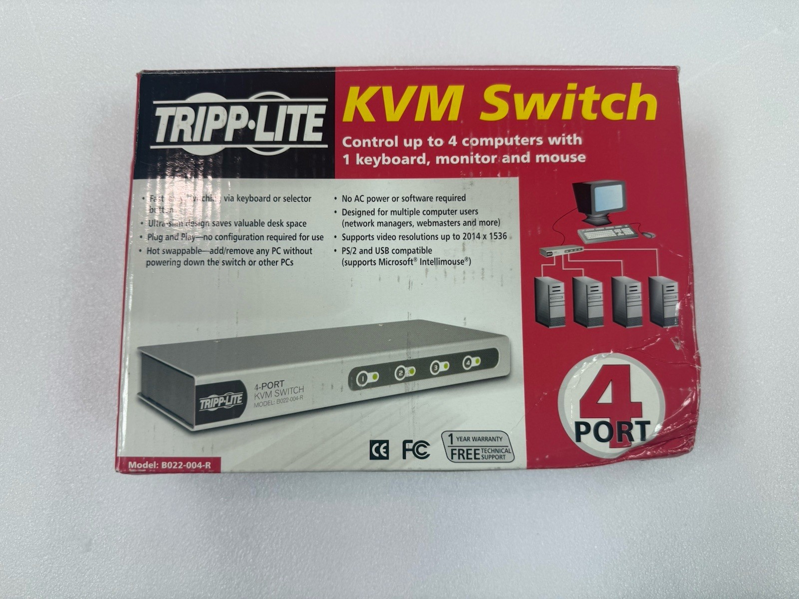 Tripp Lite B022-004-R 4-Port KVM Switch - Open Box / Factory Sealed Internals
