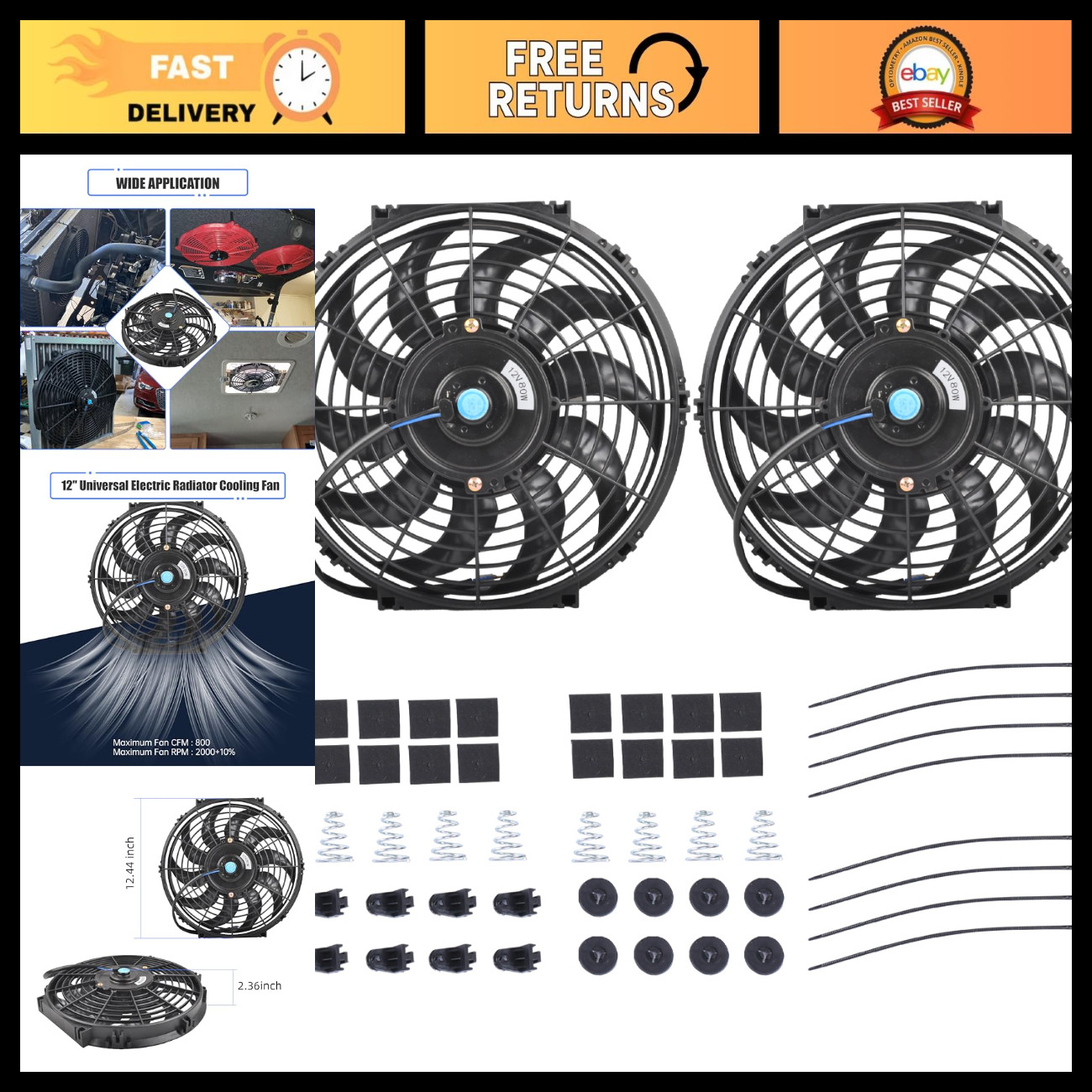 12" Slim Electric Radiator Cooling Fan - Push Pull Design, 2 Pack, Black