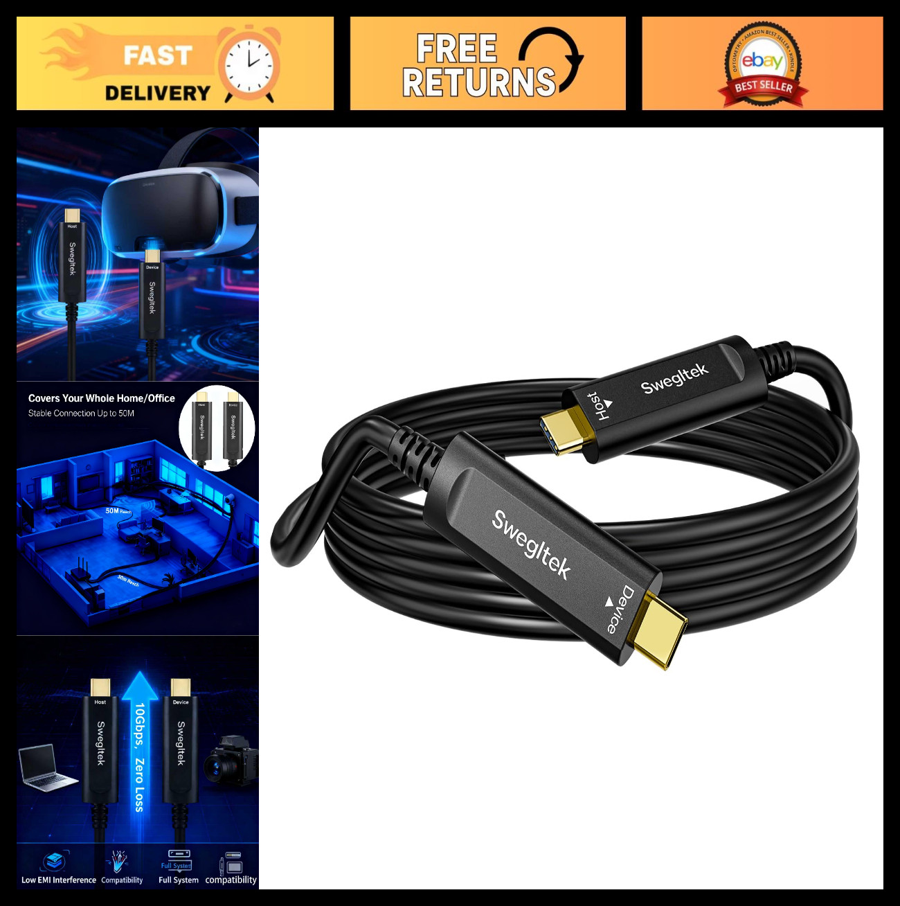 50ft USB C 3.2 Fiber Optic Cable 10Gbps High Speed for 4K Camera, VR, Data Cente