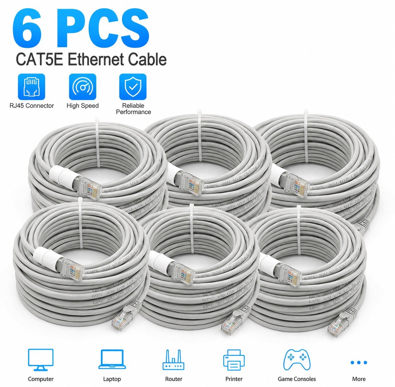 6x 60FT Cat5/6 Ethernet Cable RJ45 High Speed for PoE Cameras NVR Open Box