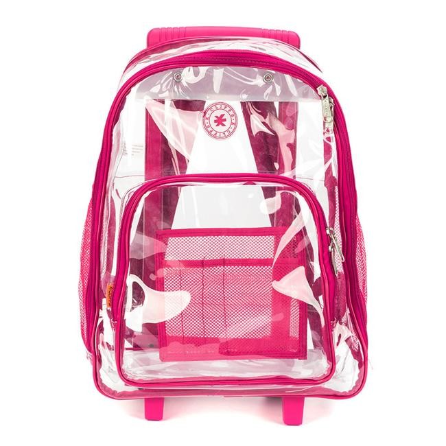 Rolling Clear School Backpack Heavy Duty See Through with Wheels Hot Pink