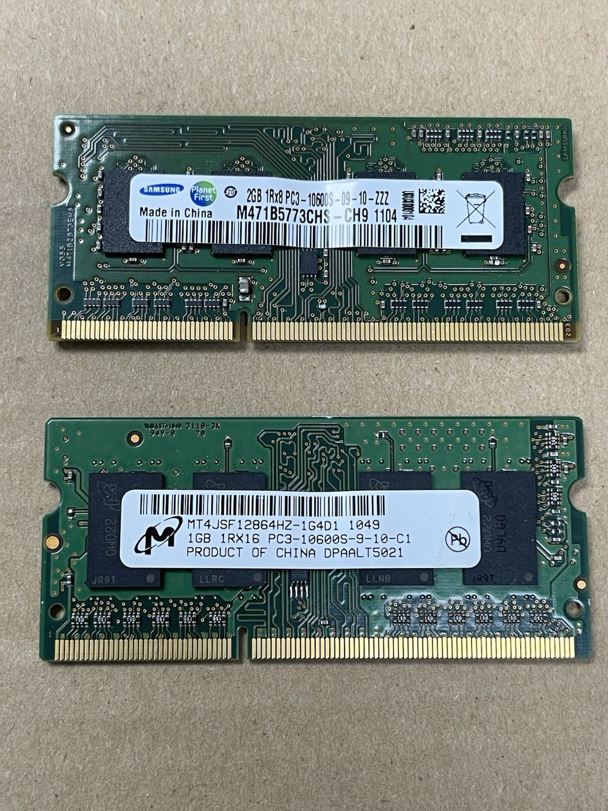Pair Of Computer Memory Chips, Samsung 2GB And Micron 1GB