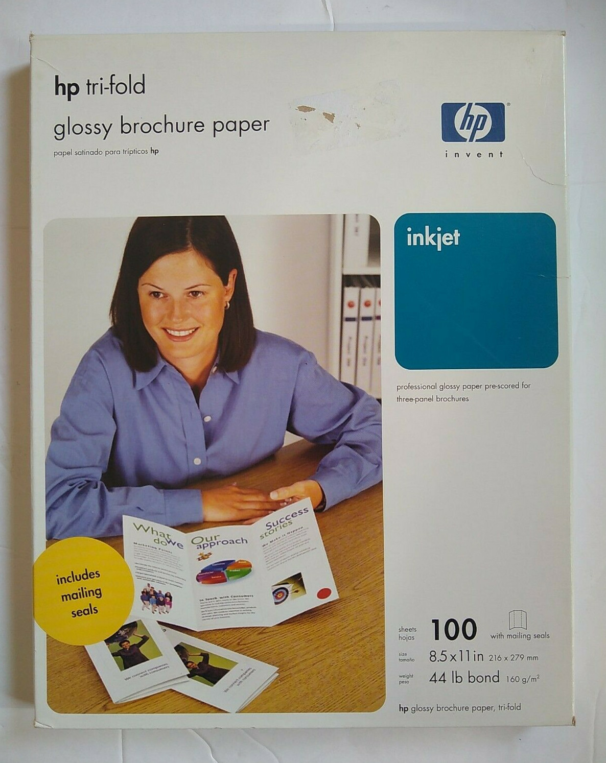 HP Tri-fold Glossy Brochure Paper Inkjet 100 Sheet 8.5x11 44lb Bond W/ Seals