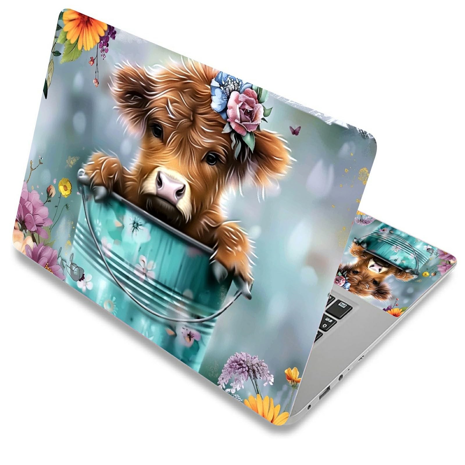 DIGTIALL Laptop Skin Decal, Baby Highland Cow Flower
