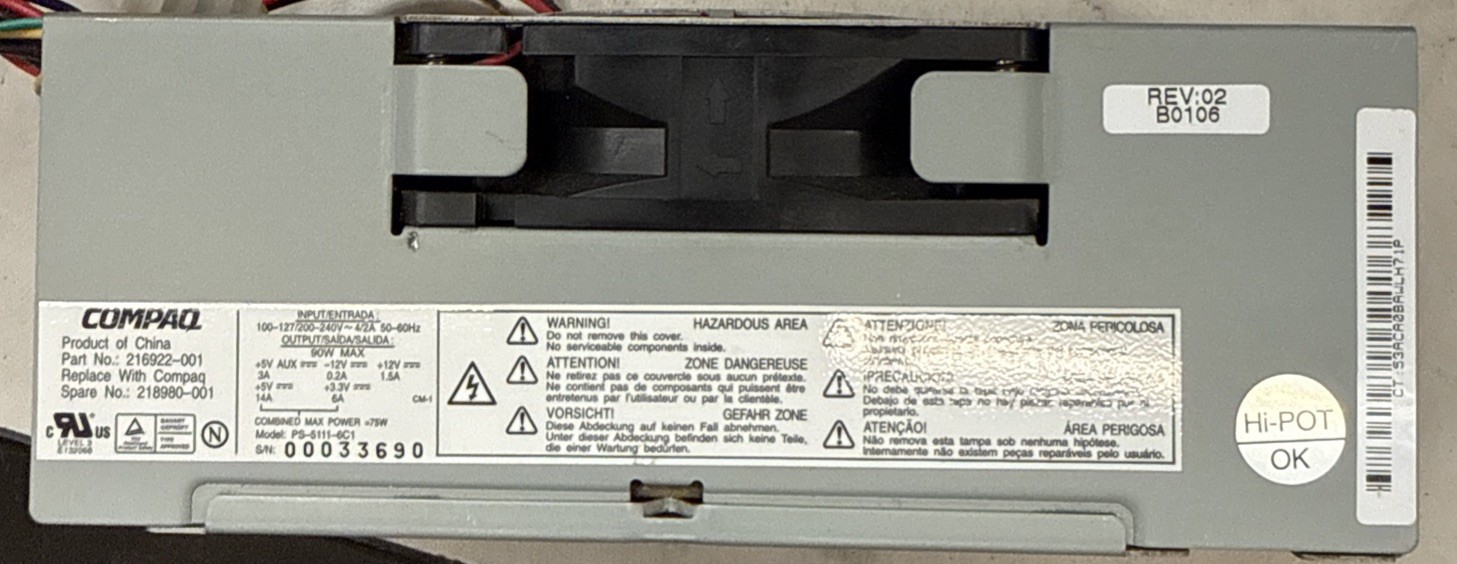 Compaq iPAQ PC 90W Power Supply PS-5111-6C1 Part# 216922-001 - TESTED & CLEAN
