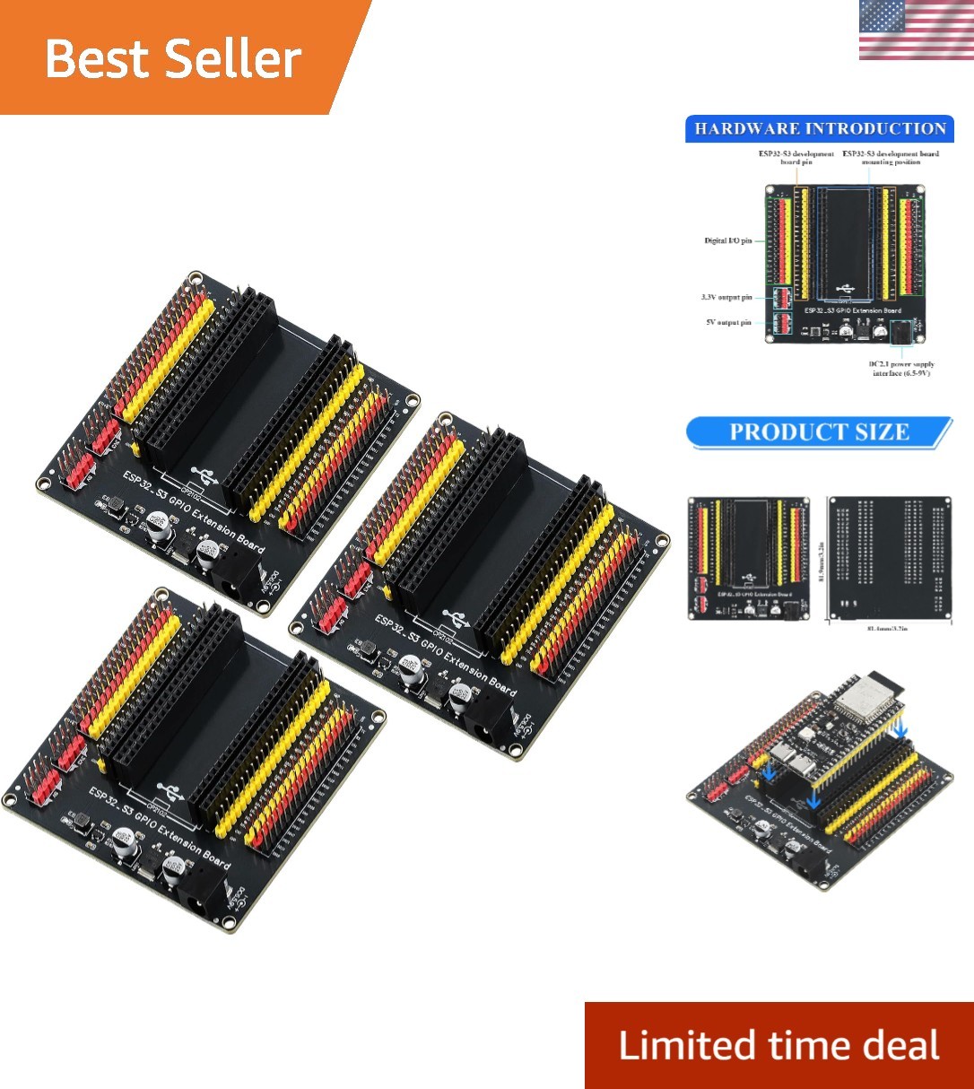 3PCS S3 Expansion Board with Power Supply, GPIO 1-to-2 Expansion 44Pin Breako...