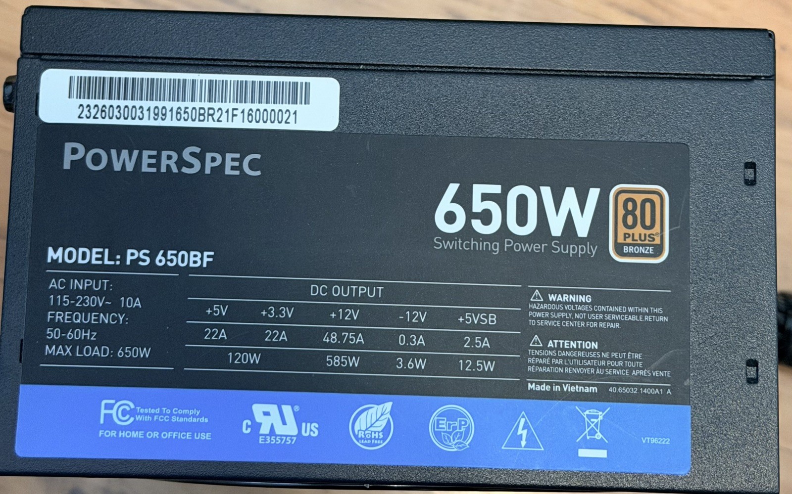 PowerSpec PS 650BF 650W ATX Power Supply 80 Plus Bronze Black Tested
