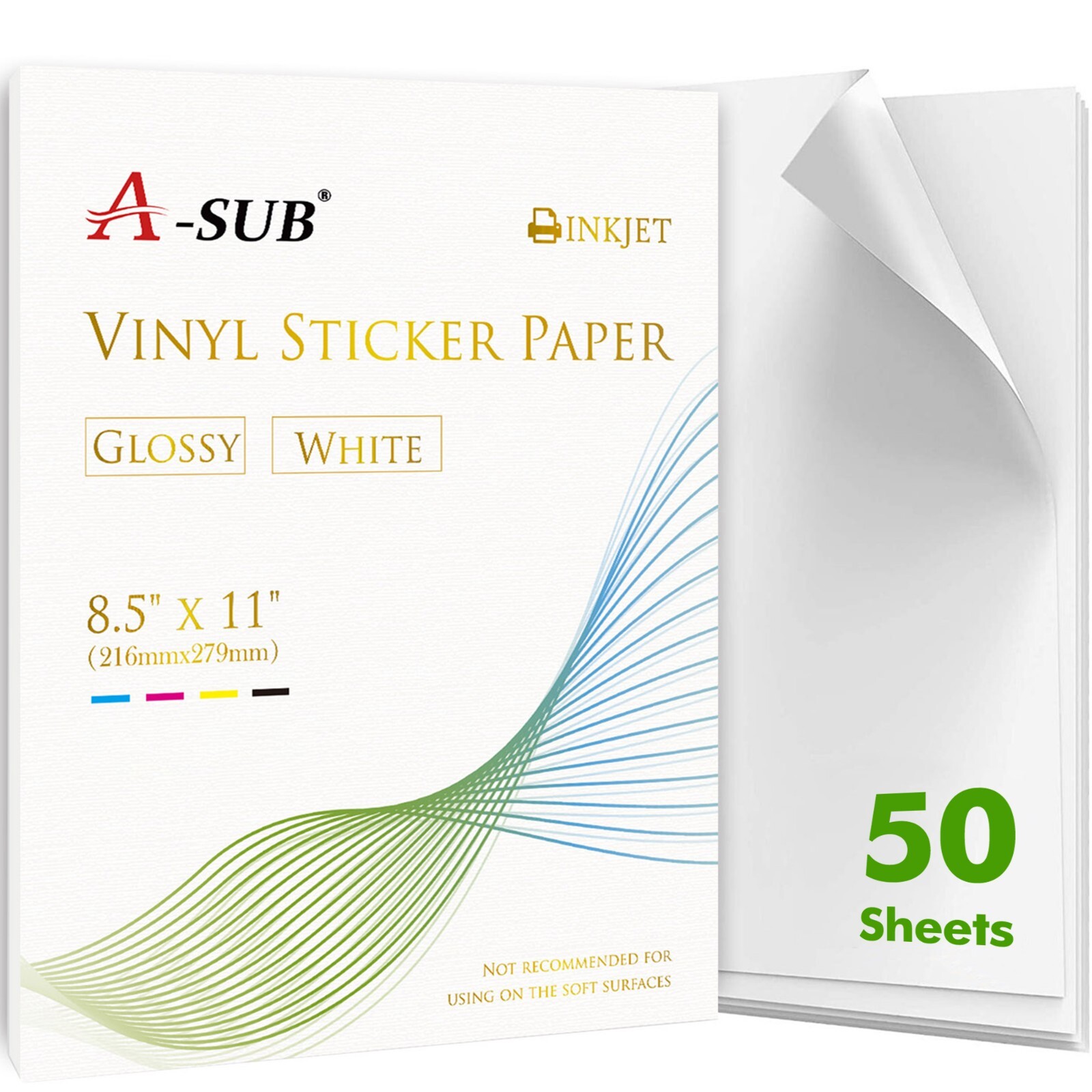 50 PK A-SUB Printable Vinyl Sticker Paper Glossy White Waterproof Sticker Sheets