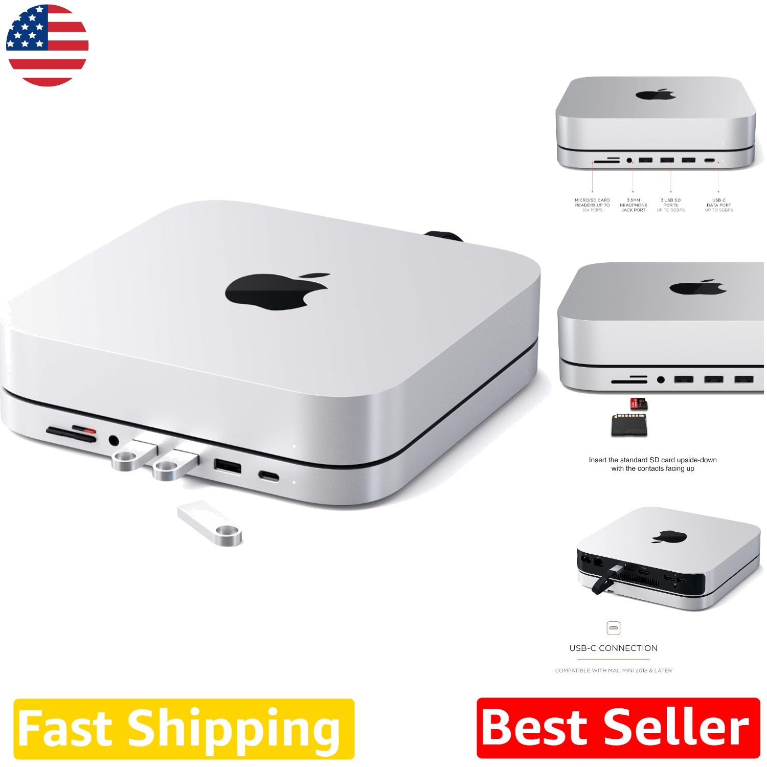 Sleek Aluminum Mac mini Dock: USB 3.0 Hub, SD Reader, Headphone Jack