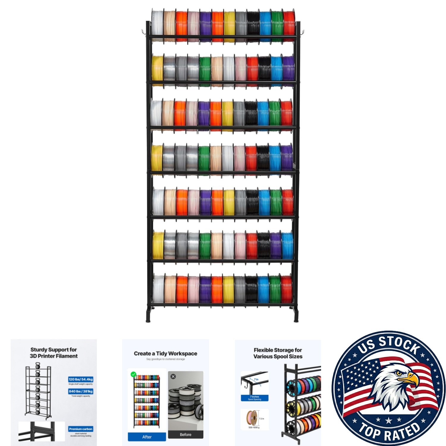 Durable Carbon Steel 7-Tier Filament Shelf - Perfect for Home & Office Studios