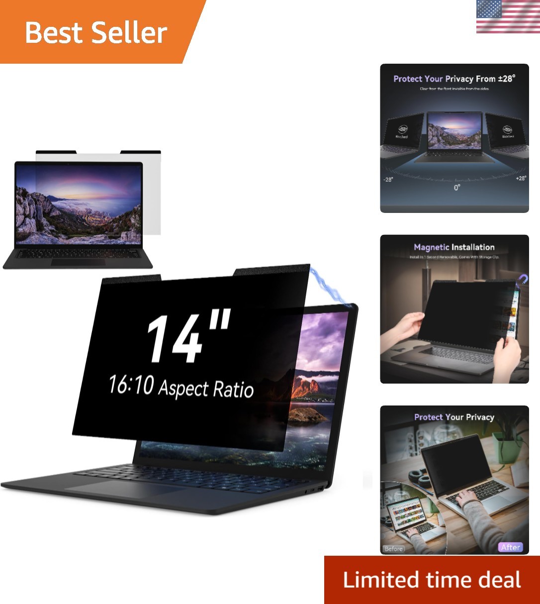 14 Inch Magnetic Privacy Screen Protector for Laptops - Easy Install, Anti-Glare