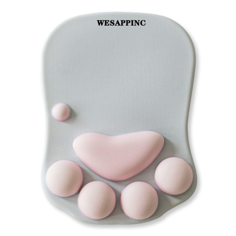 Gray White Cat Paw Mouse Pad Soft Silicone Wrist Rest 10.7x7.8x0.9 Inch