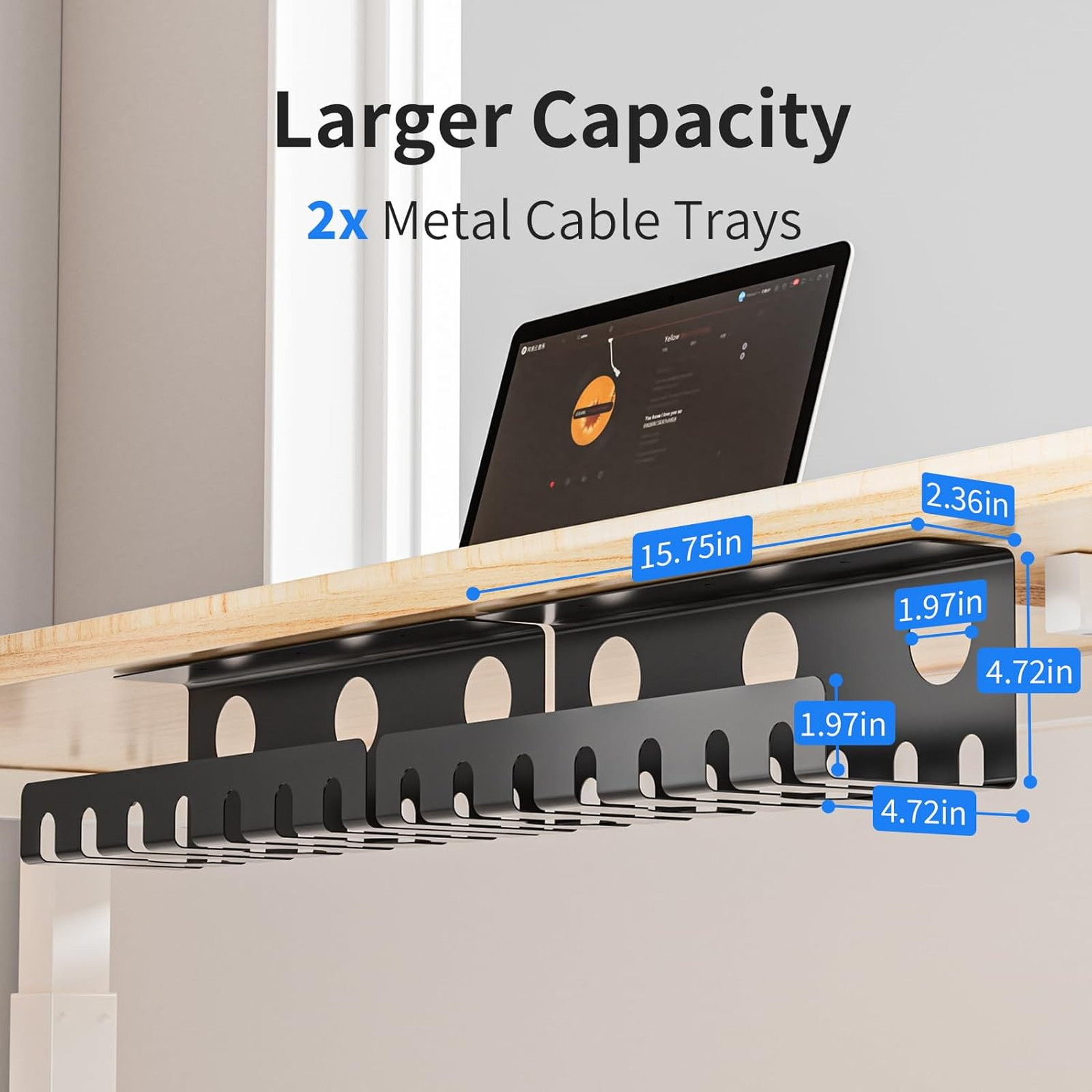 2 Pack Metal Under Desk Cable Management Tray U Channel Cord Organizer Box