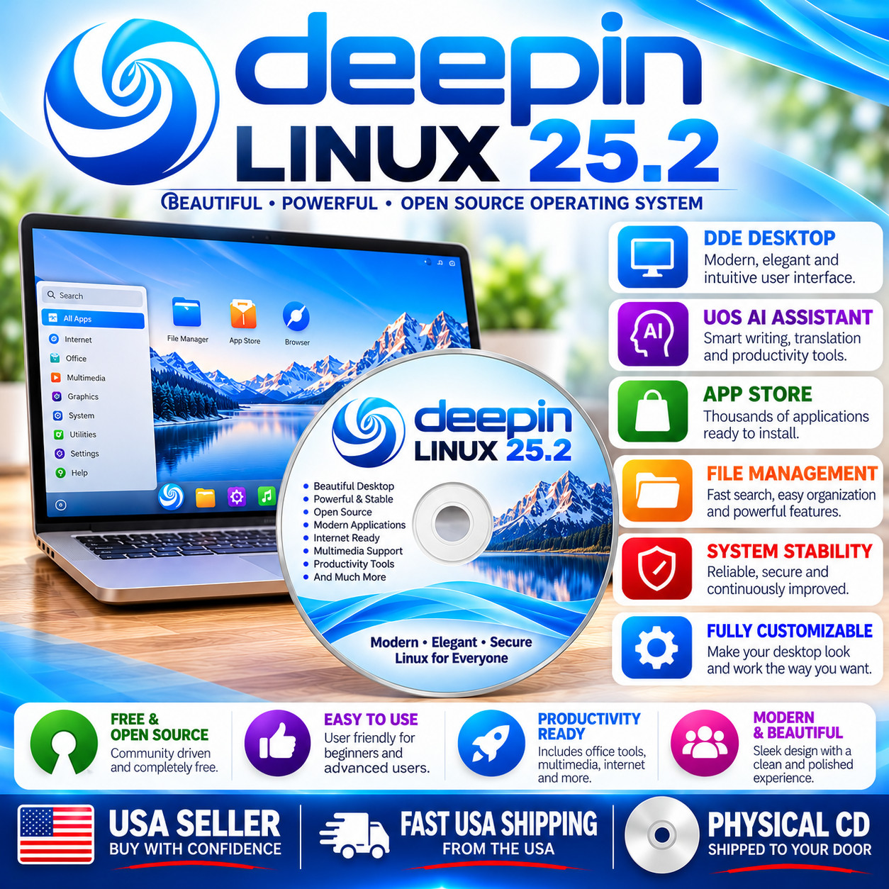DEEPIN Linux 25.2 Install Bootable DVD 64-bit Safe, Secure, Easy to Use Reliable