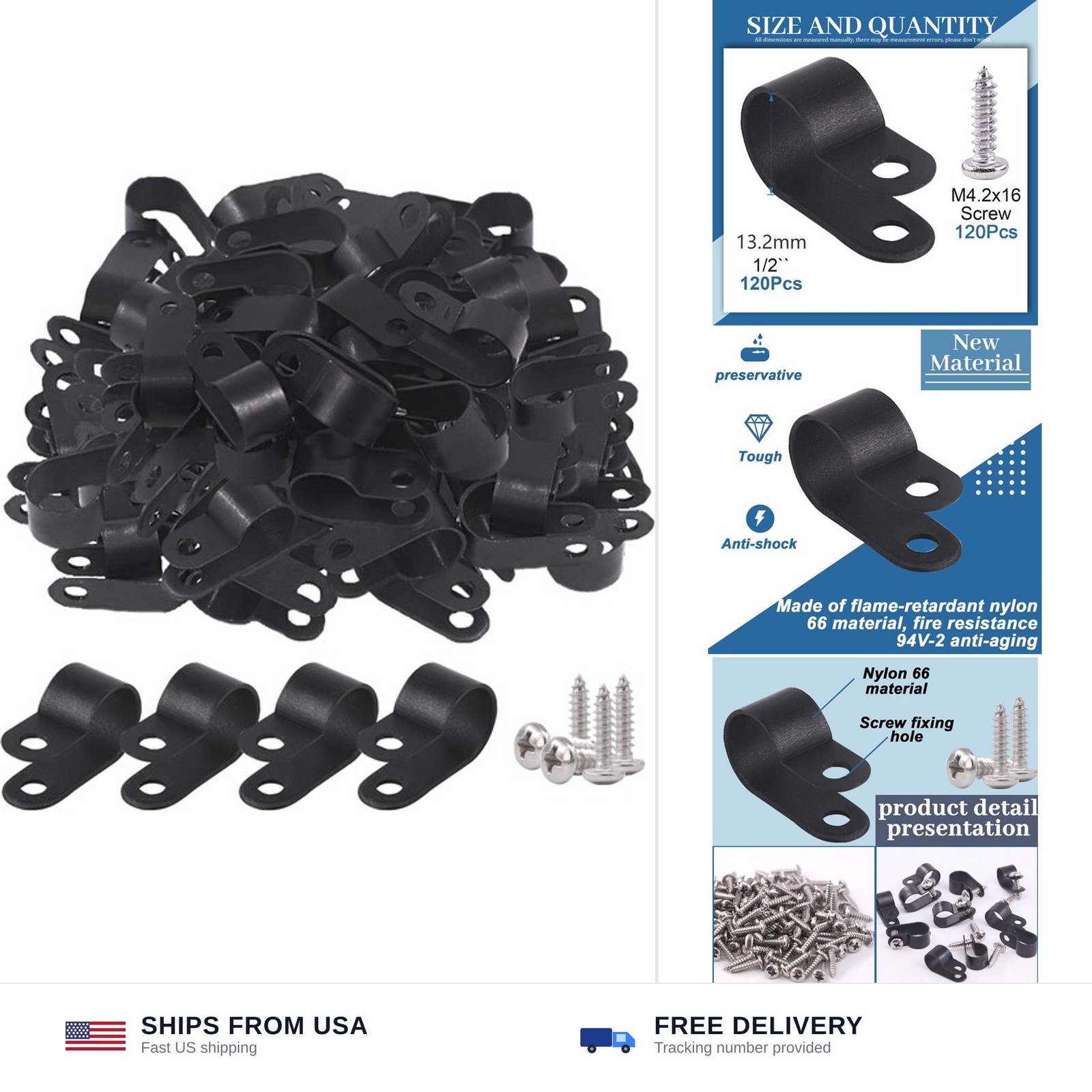 120pcs 1/2 inch black nylon R-type cable clips with screws wire clamps