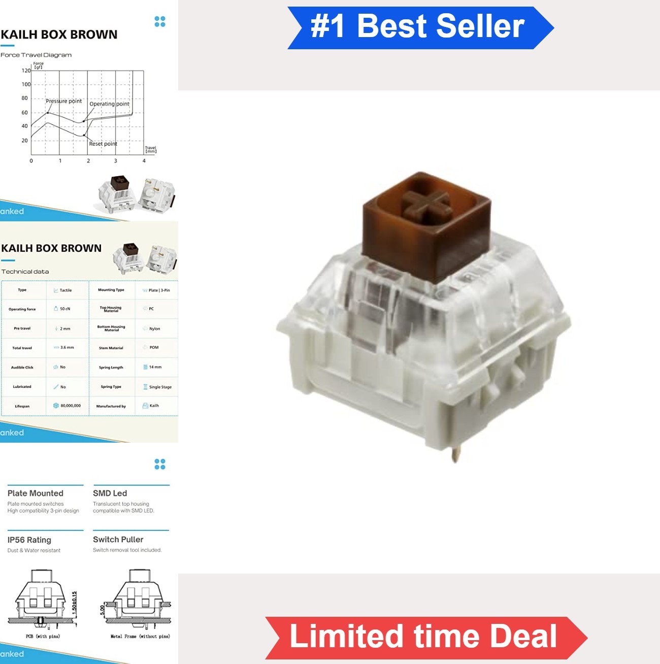 Mechanical Keyboard Switches 65 Pack Kailh Box Brown Tactile Plate Mount 3 Pin