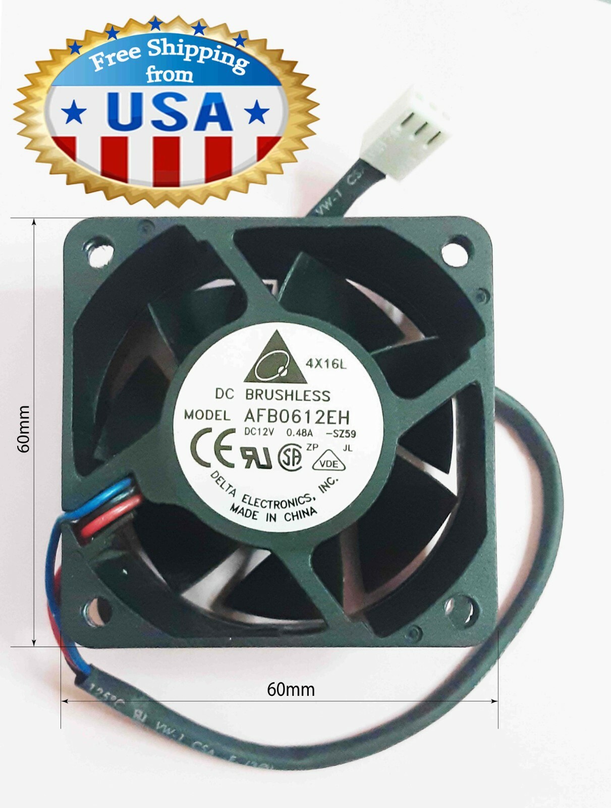 Delta DC Brushless Fan Model AFB0612EH DC12V  0.48A, Size -60x60x25, Preowned