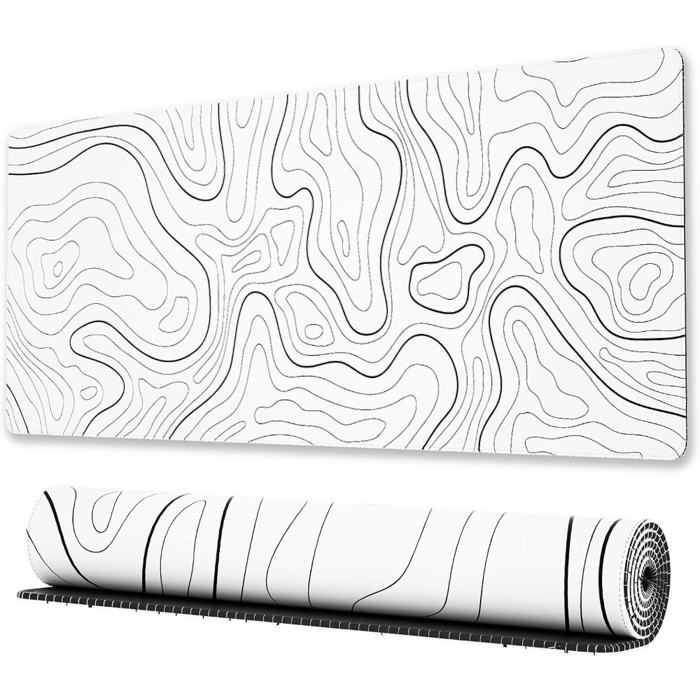Large Gaming Mouse Pad with Stitched Edges, Minimalist Topographic Map Desk