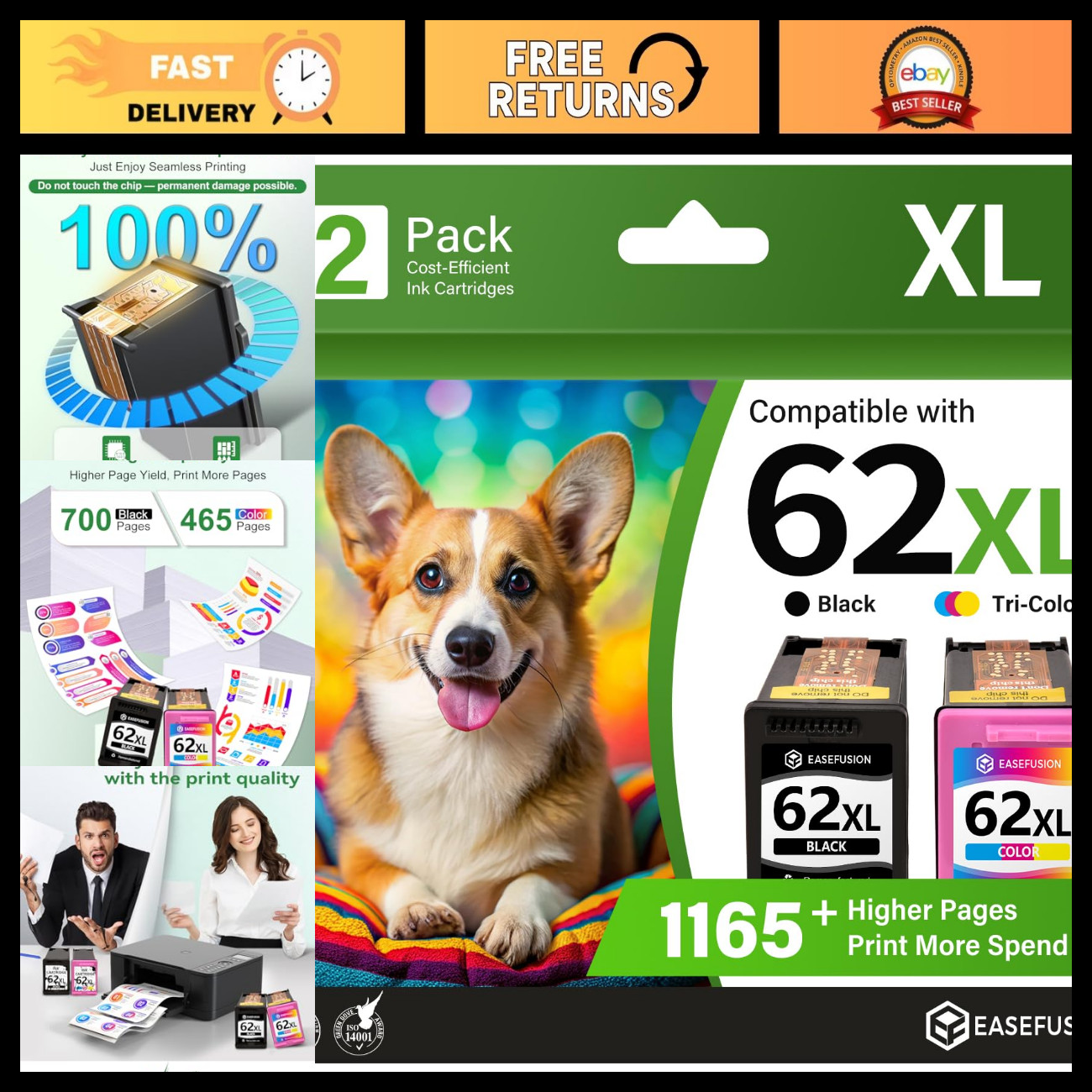 High-Capacity Black & Color Ink Cartridge Combo Pack for HP 62XL - Replacement