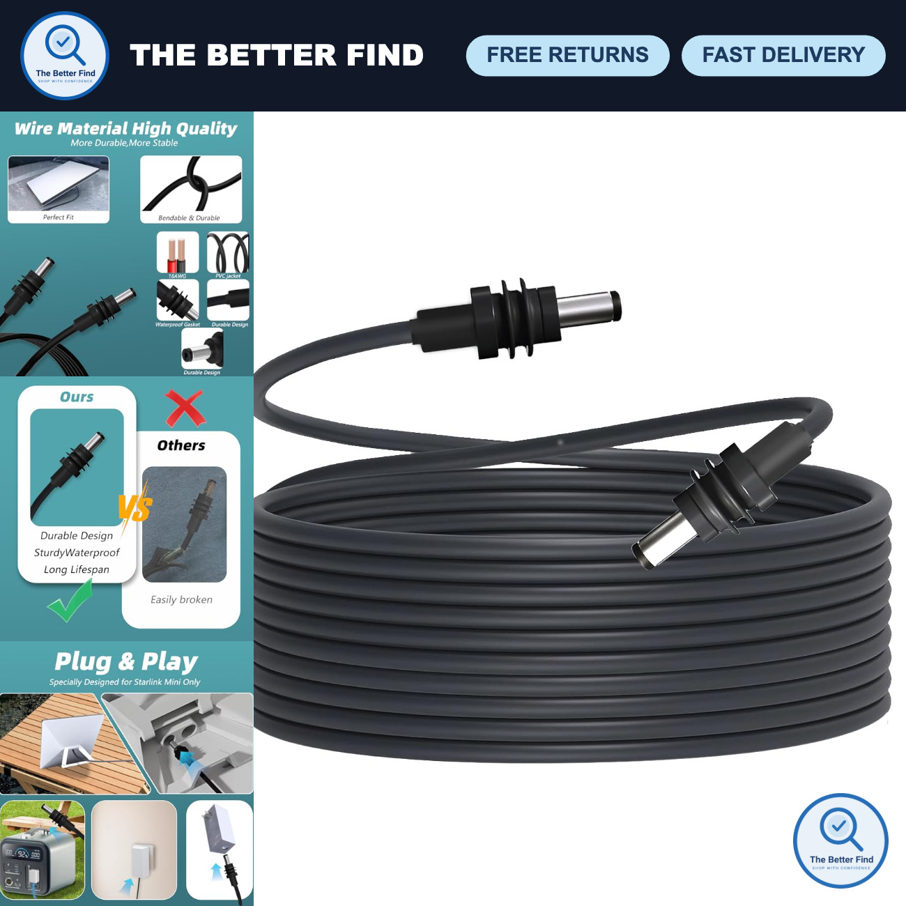 Power Extension Cable for Starlink Mini - 10FT/25FT/50FT, 16AWG Waterproof DC 55