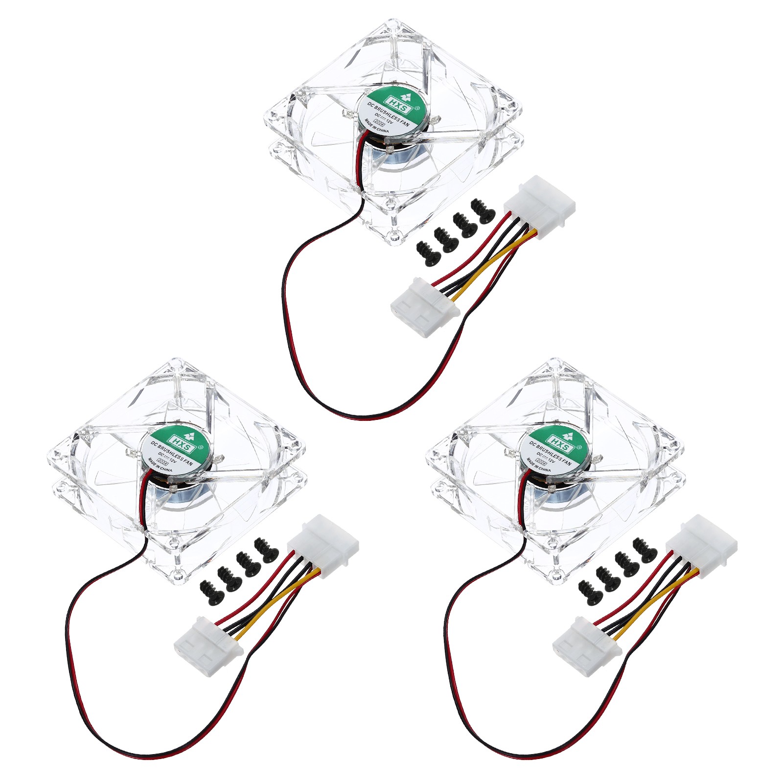 3 x Clear Computer Case Fan 1800RPM 80mm 4 Pin Green 4 LED 12V with 12 Screws