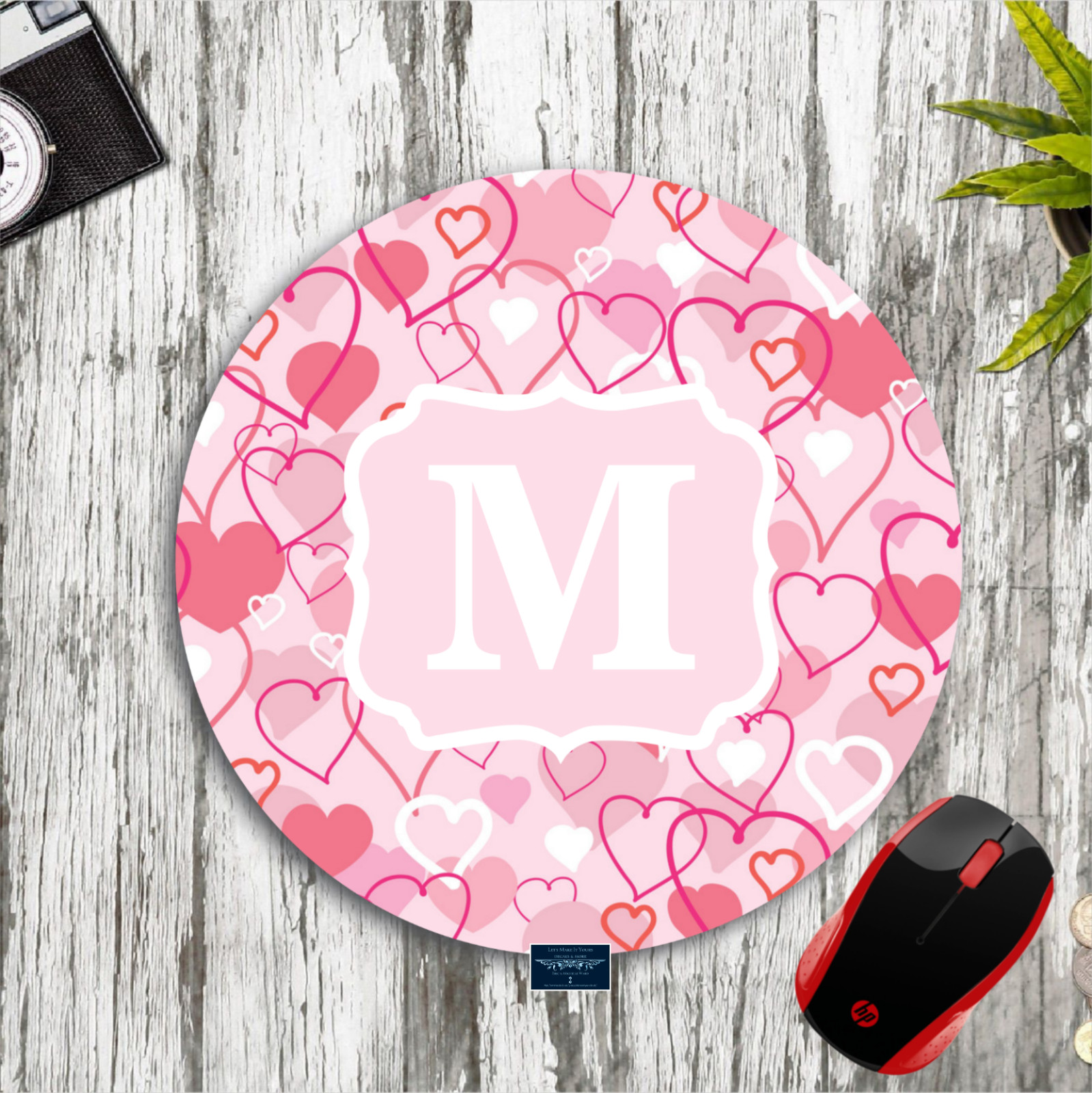 PINK HEARTS MONOGRAMMED W/ YOUR INITIAL PERSONALIZED PC MOUSE PAD MAT GIFT