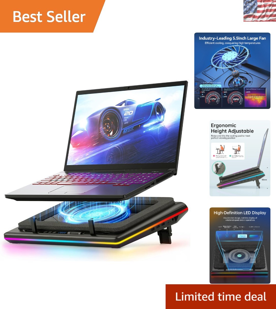 High-Performance RGB Gaming Laptop Cooler - Adjustable Speed & Quiet Turbo Fan