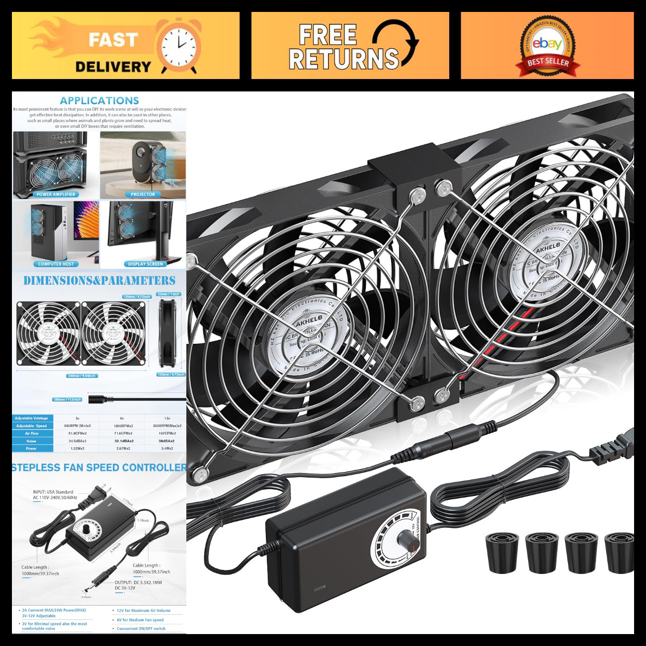 2x 120mm 240mm Computer Fans with AC Plug & DC 12V Power Supply, Speed Controlle