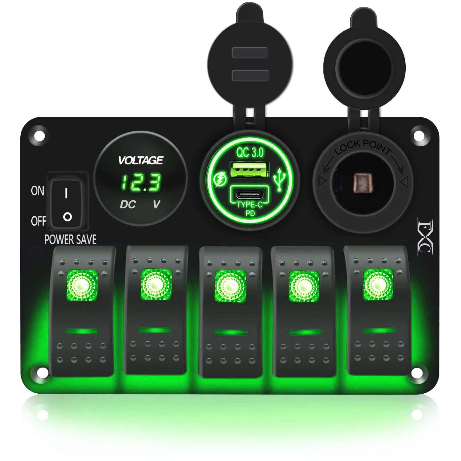 FXC Waterproof Rocker Switch Panel Green 5 Gang with QC3.0 USB & Type-C Slot Soc