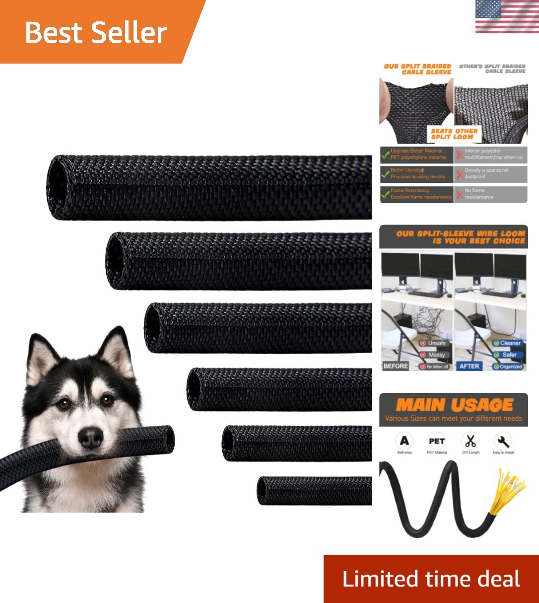 Split Braided Sleeve Cable Management Wire Loom Cord Covers