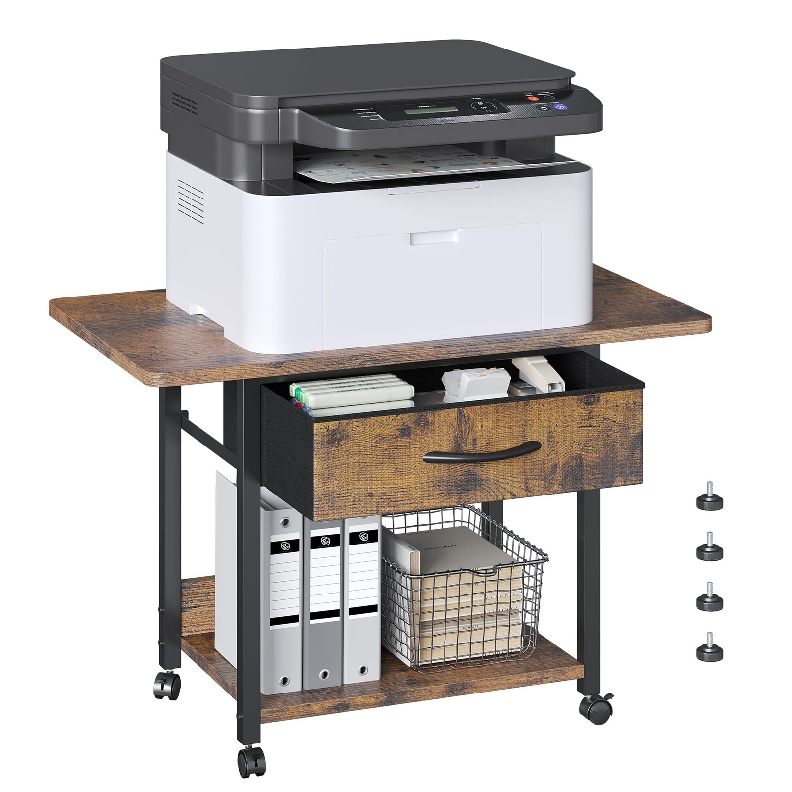 2Tier Printer Stand Storage Locking Wheels Under Desk Rolling Cart Brown