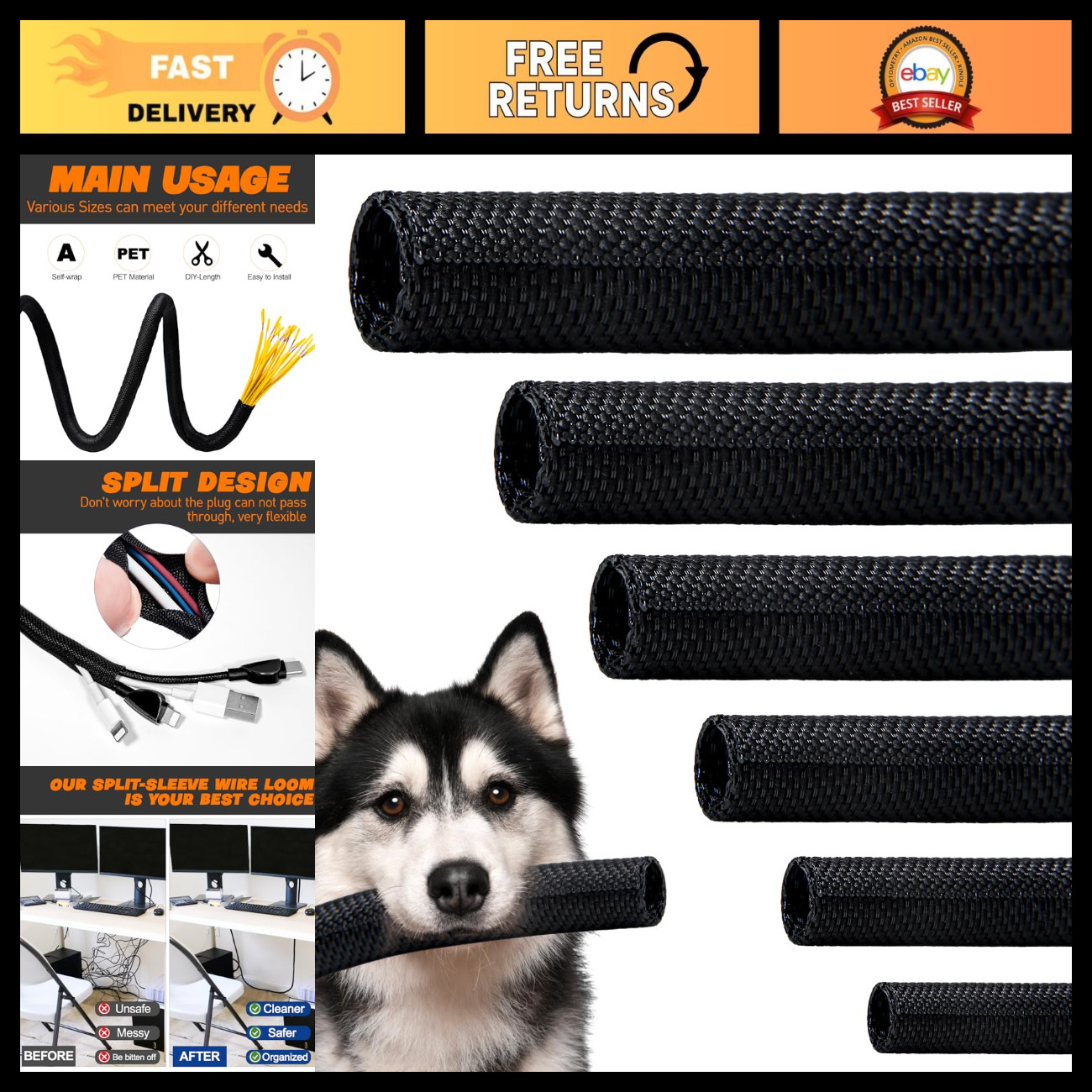 12ft Split Braided Cable Management Sleeve - High-Temperature Wire Loom & Cat Pr