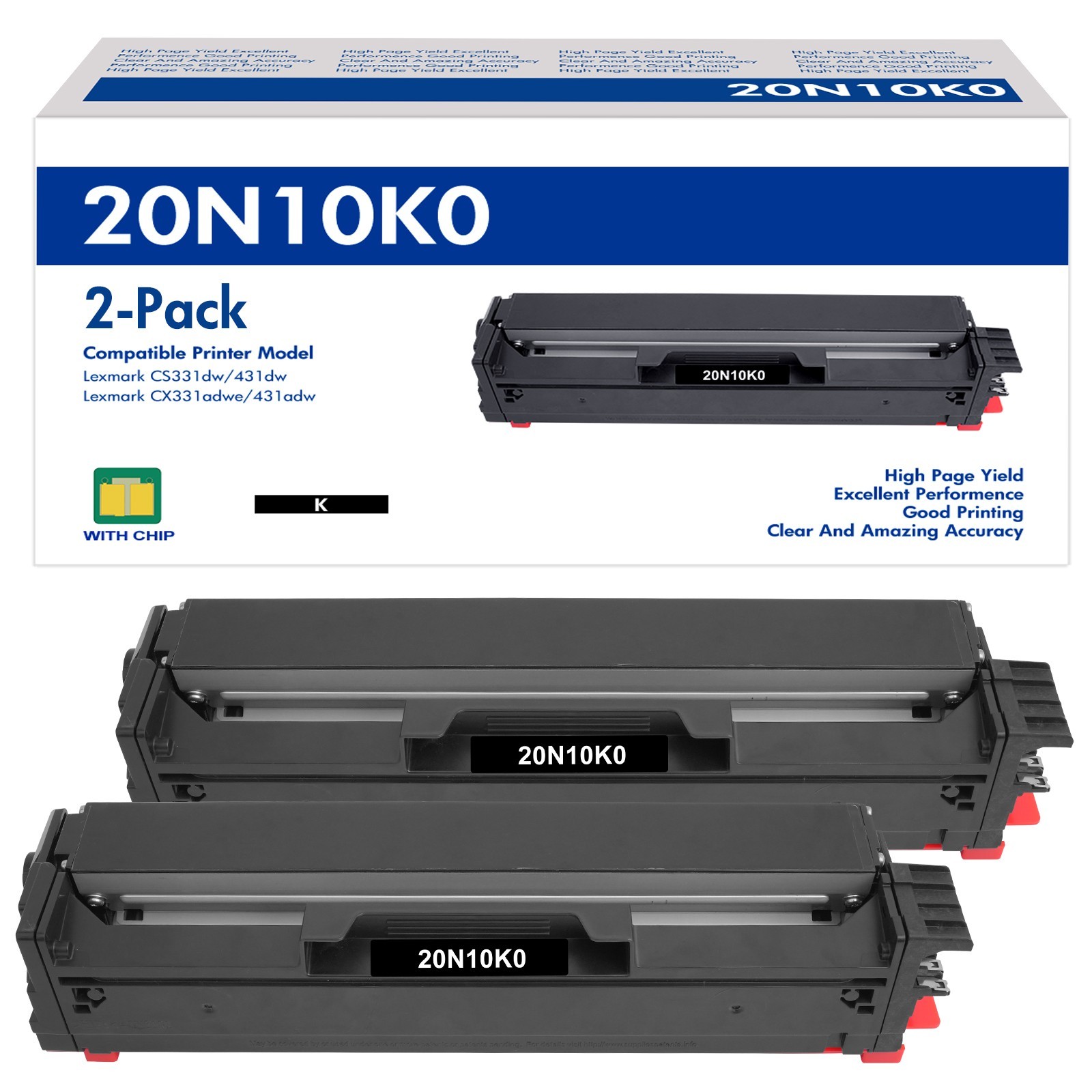 2-Pack 20N10K0 Toner Cartridge for Lexmark CS331 CX331 CS431 CX431 - WITH CHIP