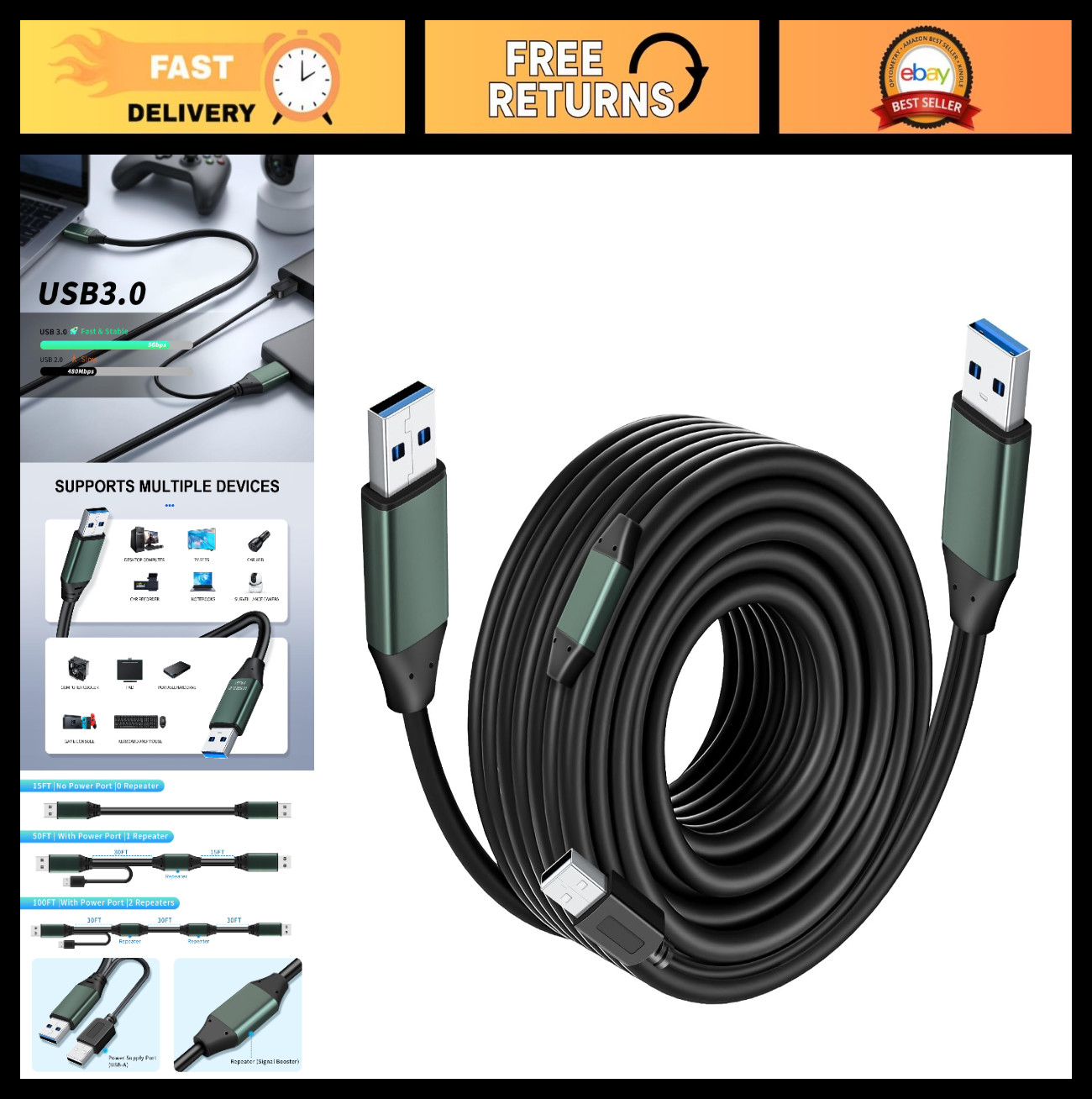 50FT USB 3.0 Male to Male Cable - Fast Data Transfer for Hard Drives, Laptops, D