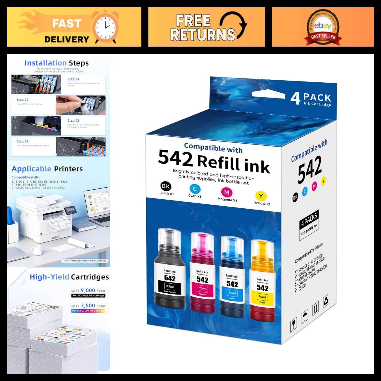 Compatible Ink Refill Bottles for EPT542, ET-5850, ET-5150, ET-5170, ET-16650