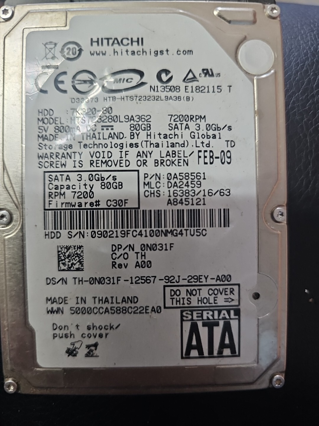 Hitachi 7K320-80 GB LAPTOP HARD DRIVE 7200 RPM