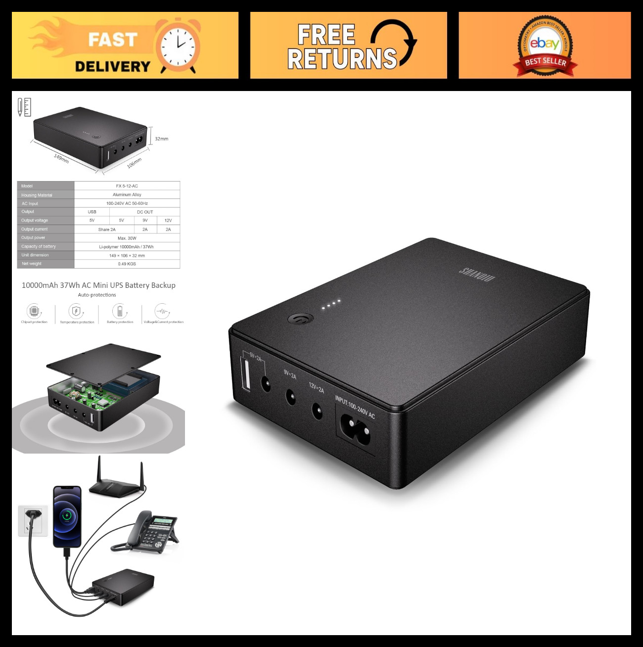Compact Mini UPS Battery Backup for Router, Modem, Security Camera - Power Outag