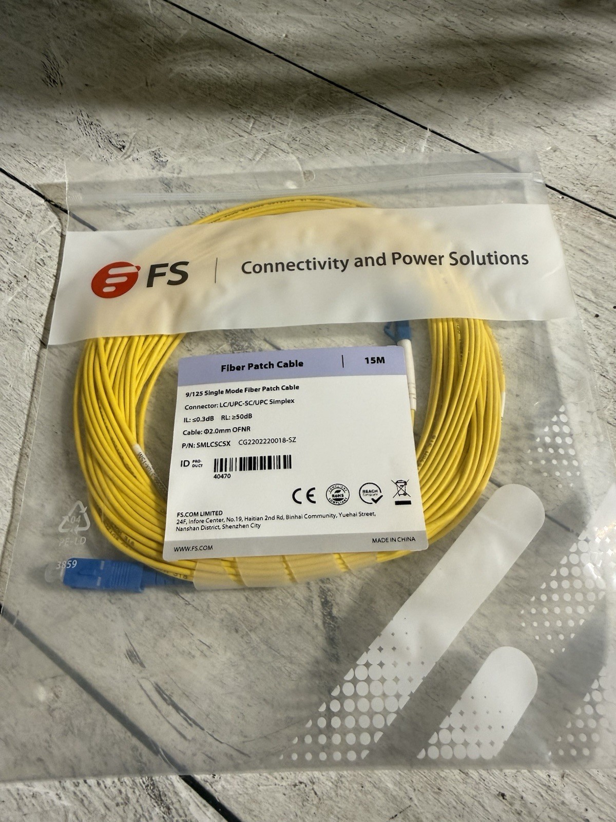 FS Fiber Patch Cable 15M LC/UPC-SC/UPC Simplex Single Mode 9/125 New