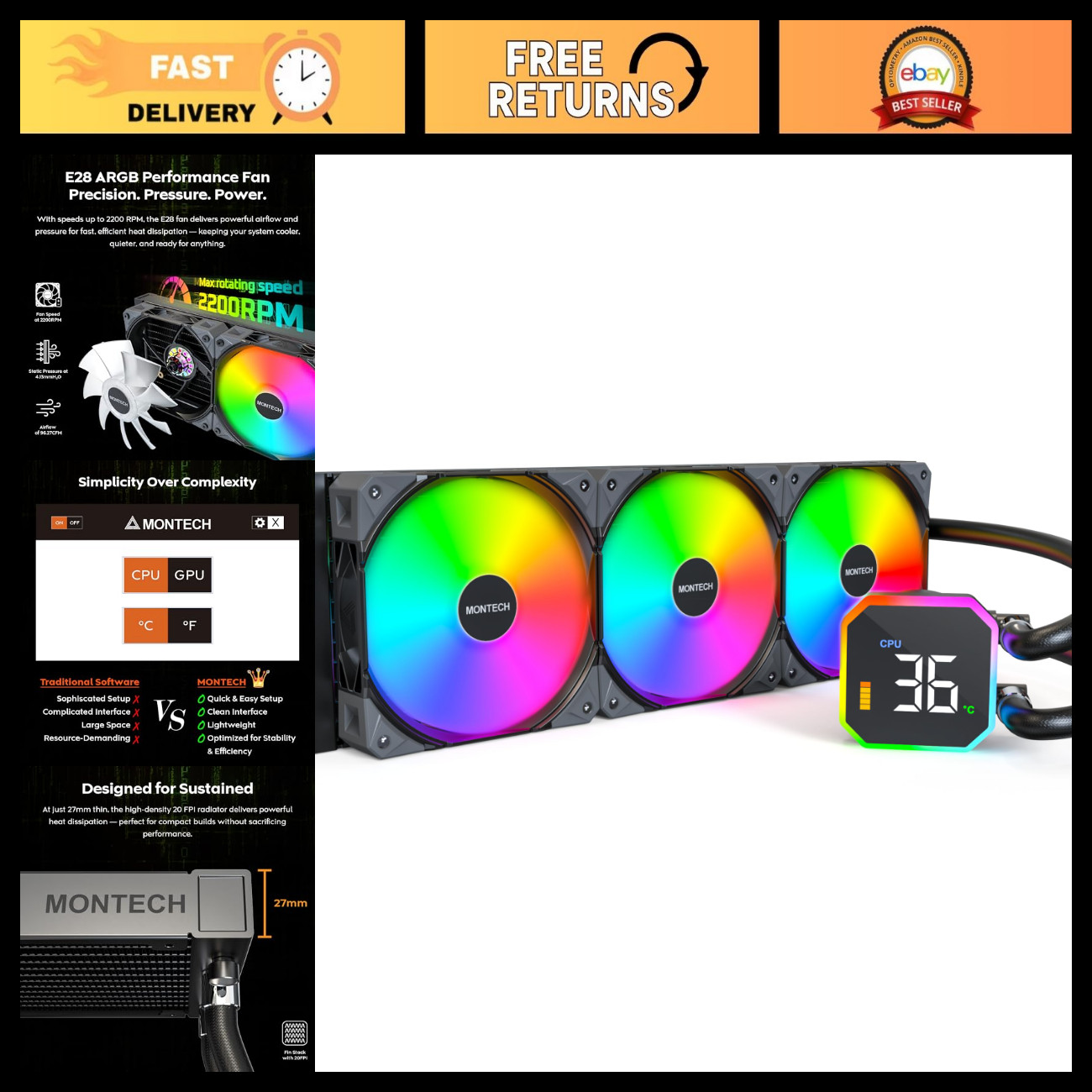 360mm Liquid CPU Cooler AIO, High-Performance Radiator, Efficient Cooling, Black
