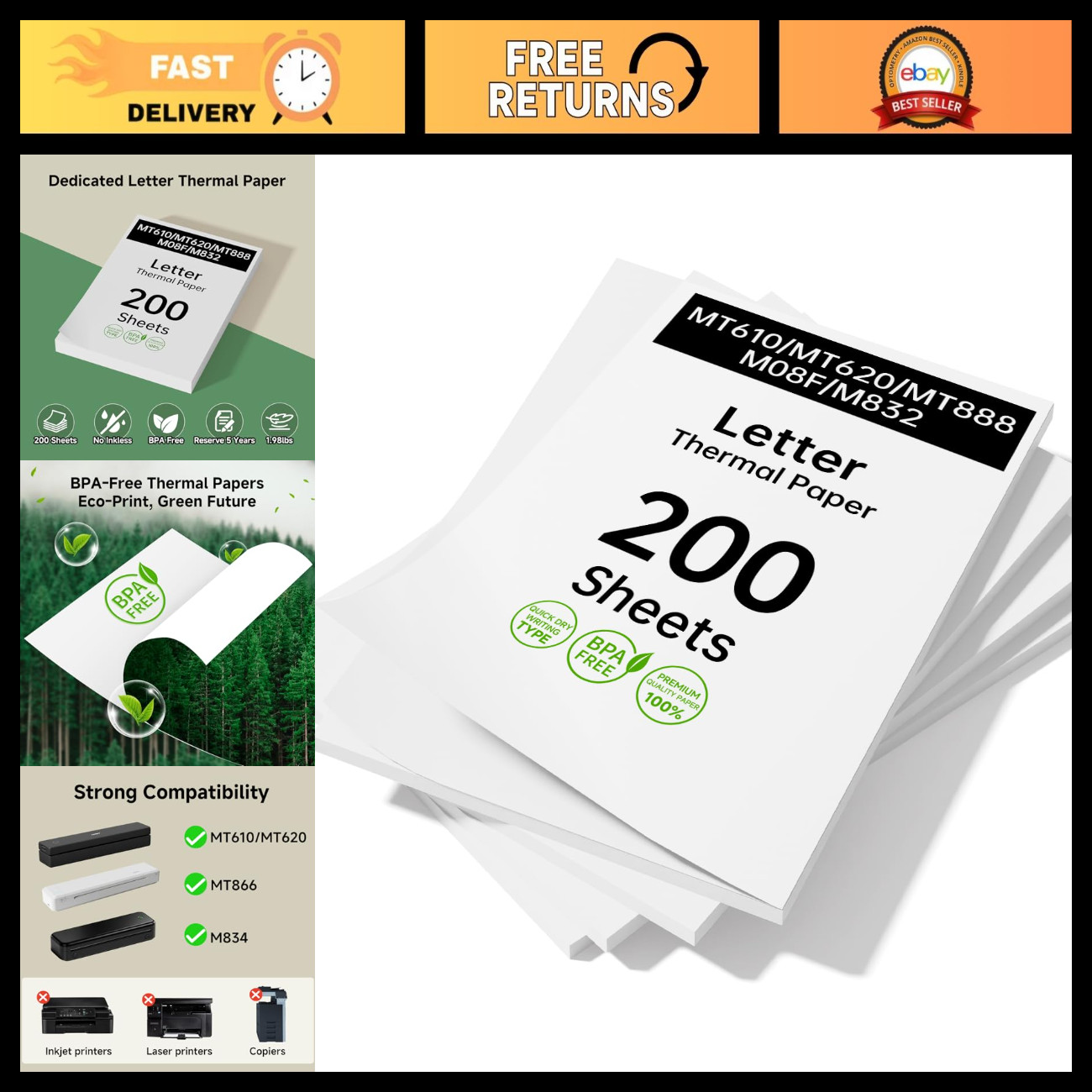 Portable Thermal Printer Paper - 200 Sheets, US Letter 8.5x11", High Quality