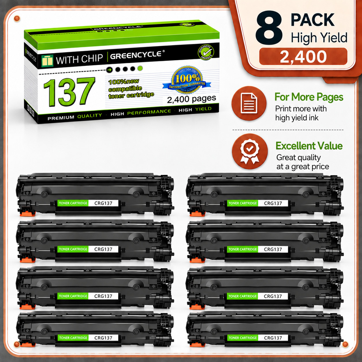 8 Pack CRG137 Toner Cartridge for Canon Imageclass MF217w MF232w MF236n MF249dw